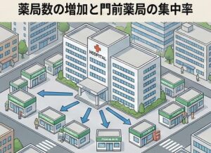 薬局数の増加と門前薬局の集中率